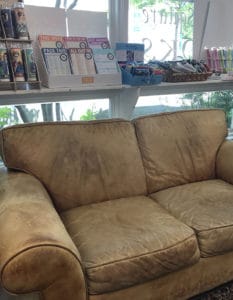 A comfortable sofa at Bank Square Books.