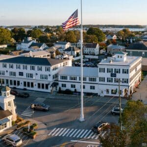 Drone shot of The Whaler's Inn in Downtown Mystic 