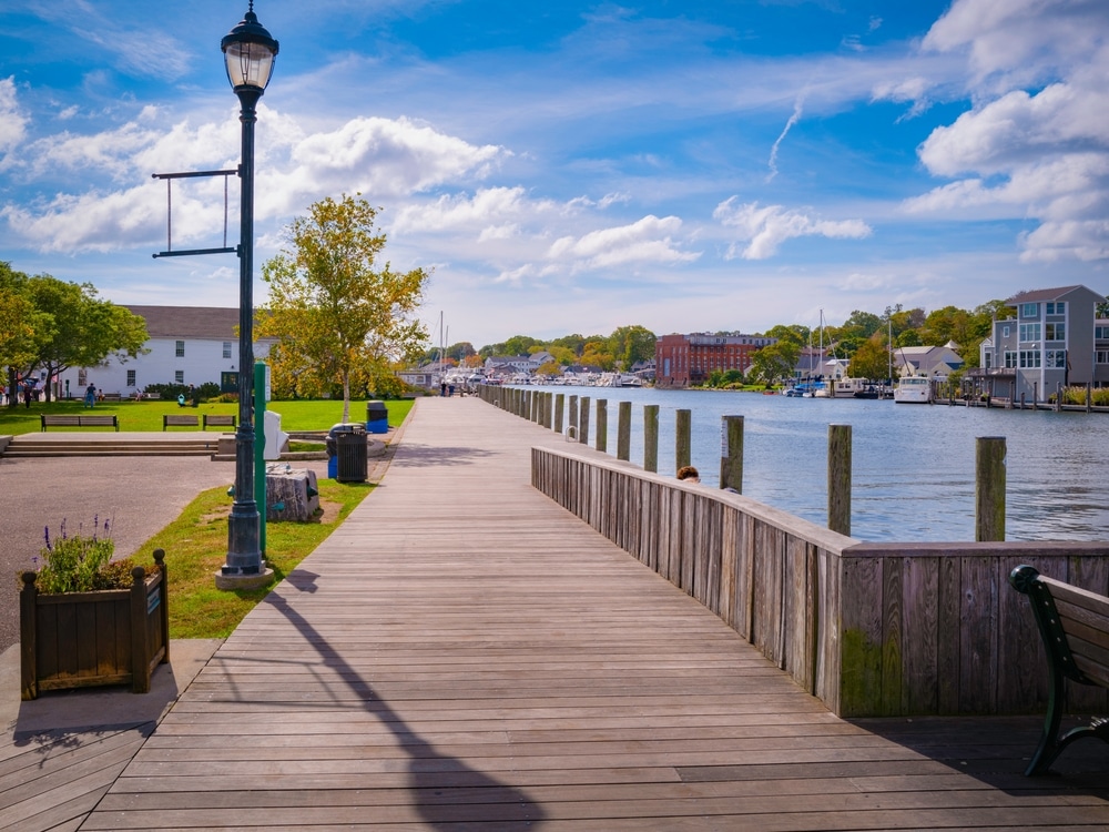 Peaceful Boardwalk on the River, one of the best things to do in Mystic, CT