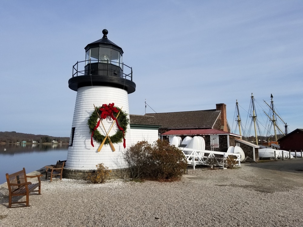 Lighthouse in Mystic, Connecticut dressed up for Christmas