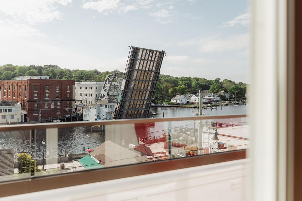 View of the Bascule Bridge from our downtown Mystic Hotel, during your couples getaway in New England